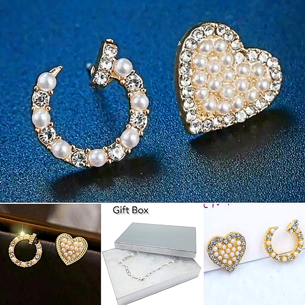 Gold Crystal Pearl Heart Mismatched Earrings With Silver Post